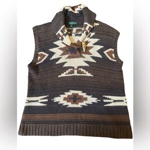 Lauren Ralph Lauren Brown Sweater Vest XL Horn Toggle Aztec Telluride Cotton NWT